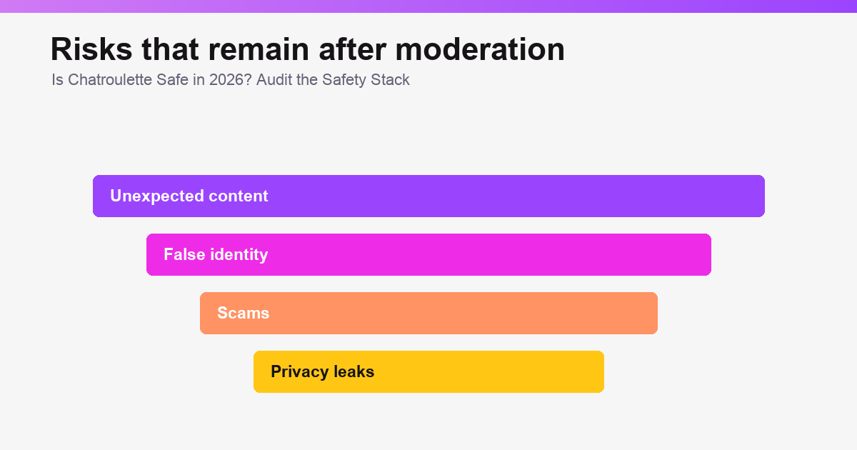 Is Chatroulette Safe in 2026? AI, Reports & Risks safety overview graphic illustration 3 of 3.