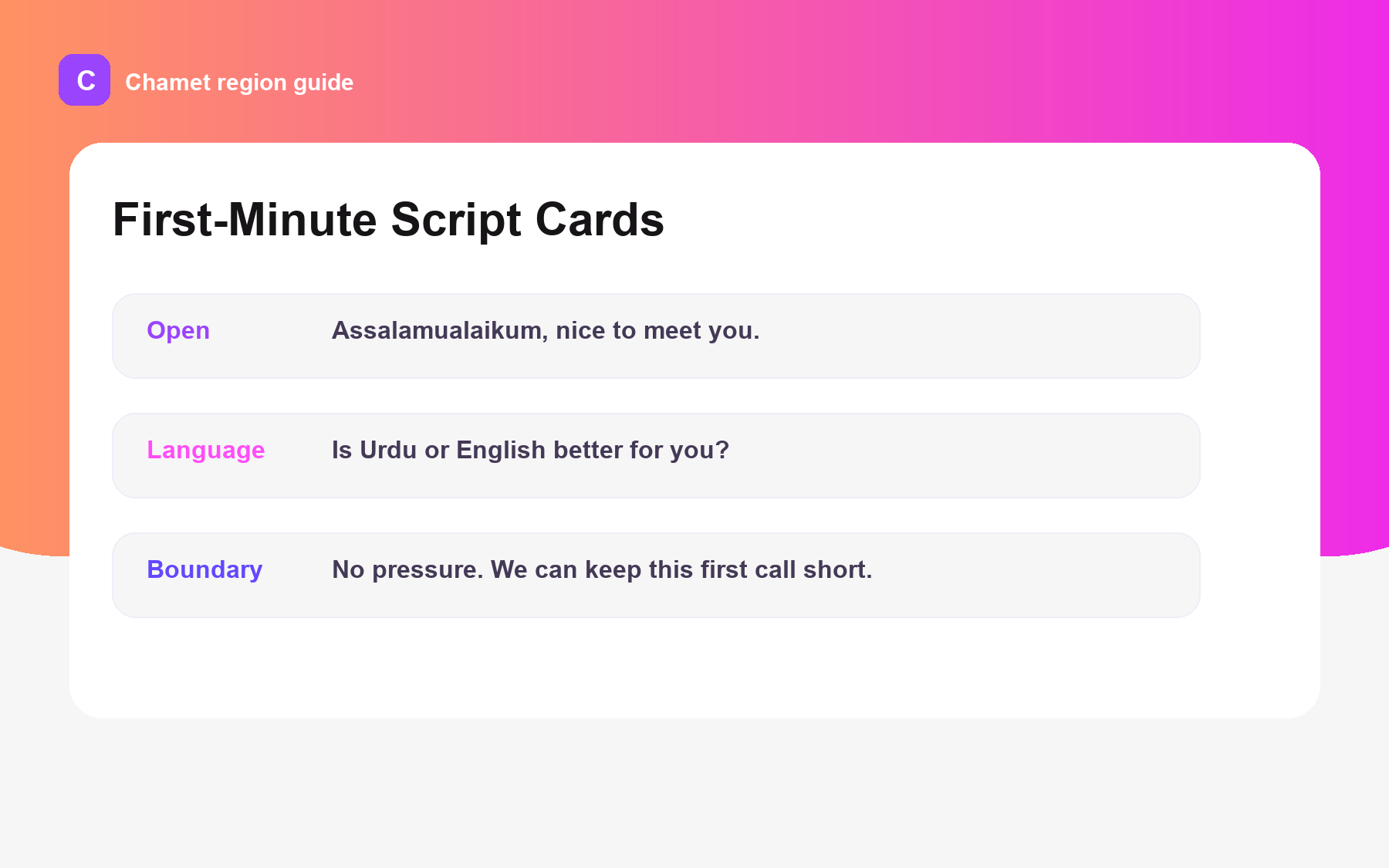 Pakistan first minute scripts graphic for Video Chat Pakistan: 2026 Guide to Safe, Respectful Calls.